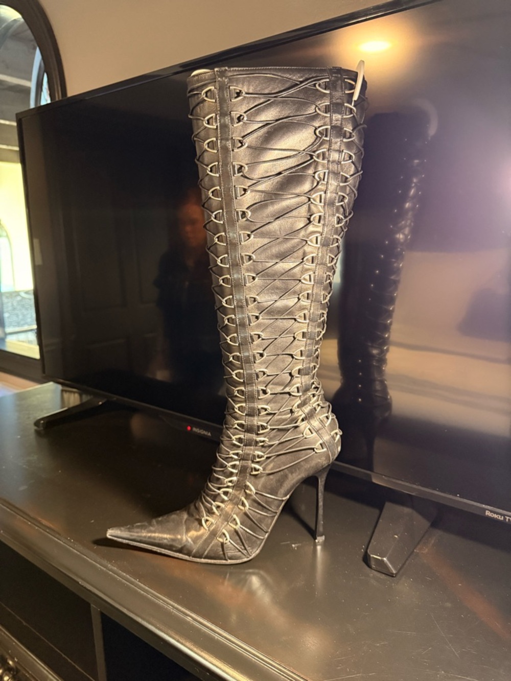 Gianmarco Lorenzi Black Lace-Up Pointed Toe Knee-High Stiletto Boots - Picture 2 of 3